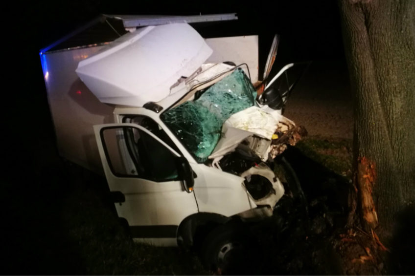 Na DK nr 17 Iveco Daily wjechało w drzewo – ranny kierowca i pasażer