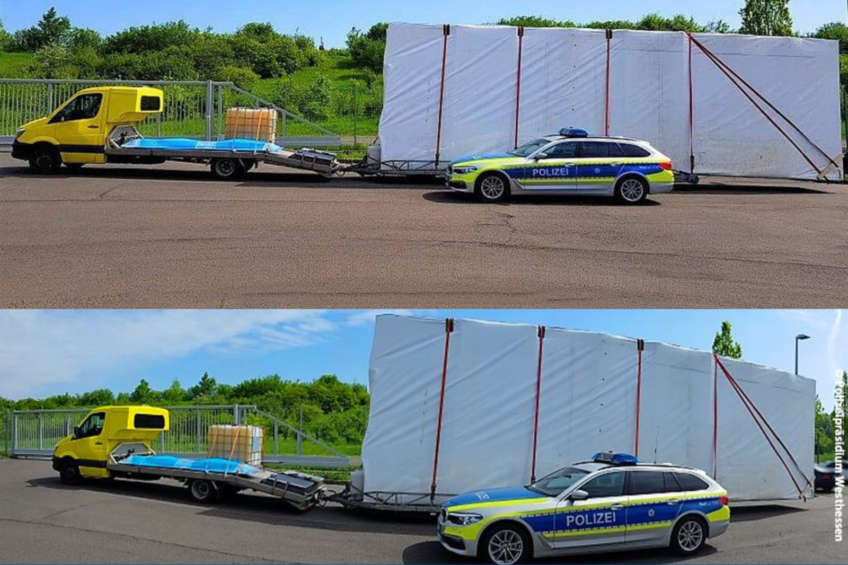 Sprinter jako ciągnik balastowy a basen wystawał 4 metry za lawetę