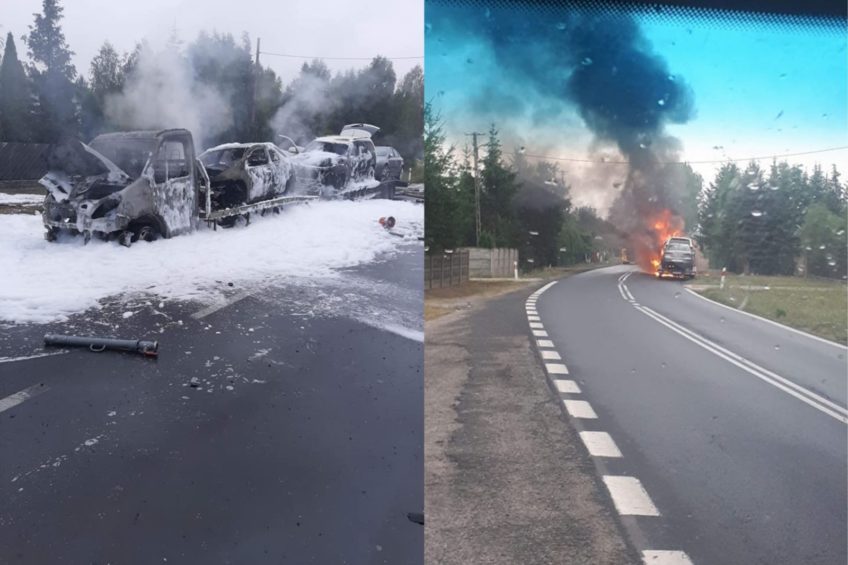 Iveco Daily w ogniu – spłonęły przewożone autolawetą samochody
