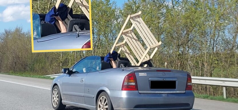 Klient sobie sam poradził. Cabrio na A7 z półką trzymaną ręką