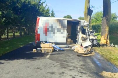 Kurierski van wpadł w drzewo i zapalił się. Kierowca bez uprawnień