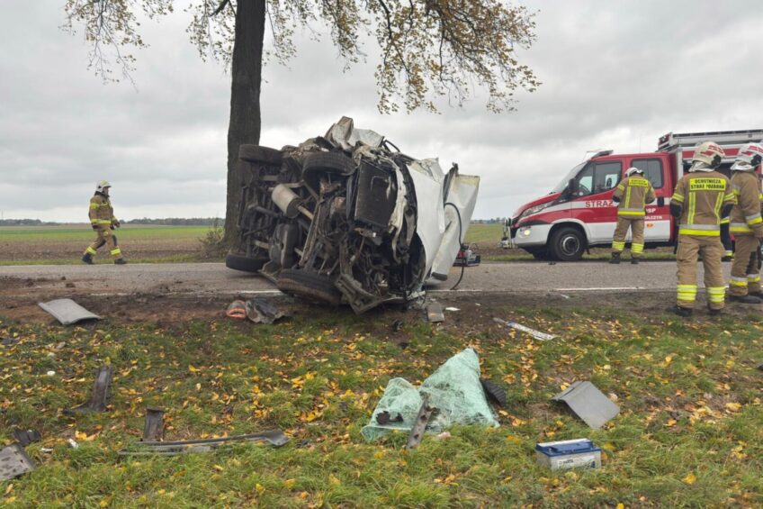 Furgon uderzył w drzewo. Kierowca zakleszczony w kabinie